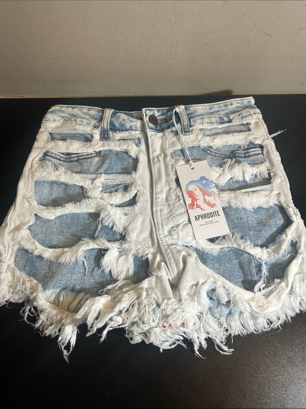 Aphrodite White Overdyed Distressed Denim Cutoff Shorts New w Tags. Size Small